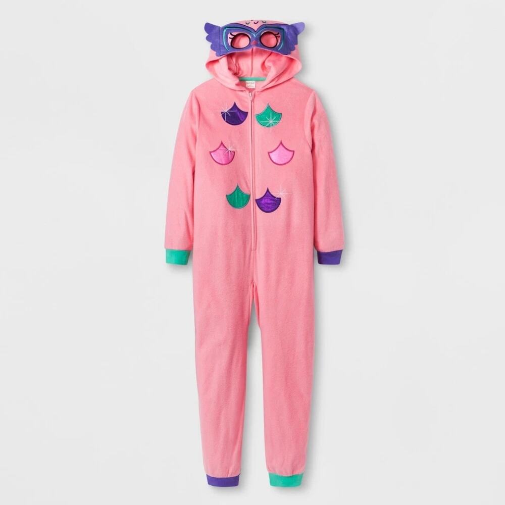 Cat & Jack Girls Pink Owl Fleece One Piece Pajamas Youth Size Medium 7/8
